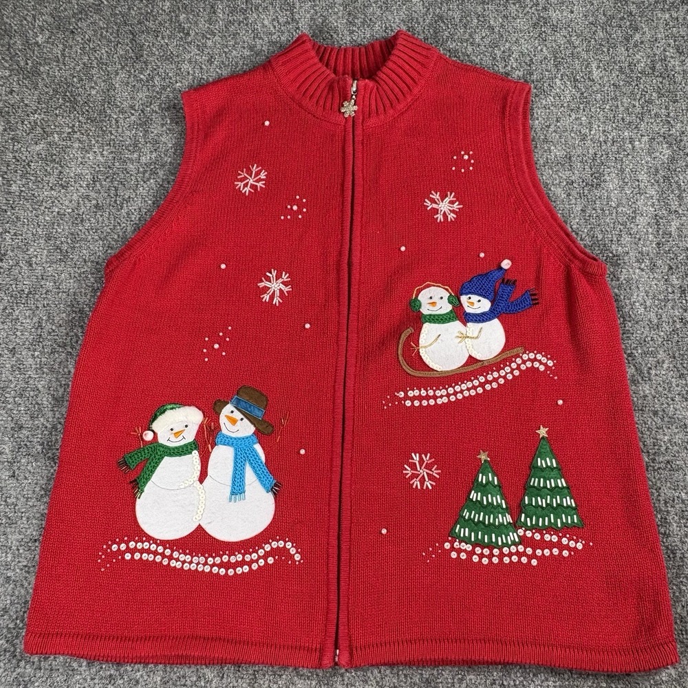 Y2K Christmas Vest Hampshire Studio Snow Women XL Red Snowman Tree Sequin Retro